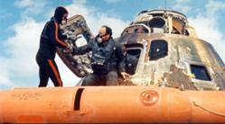 Astronaut Dr. Edgar Mitchell exiting the lunar capsule following his moon mission 40 years ago. Photo by NASA.